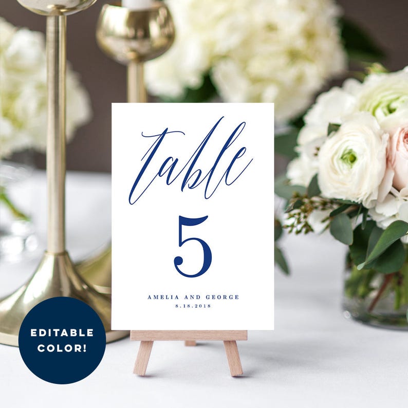 Editable Color Table Number Card, MODERN SCRIPT Printable Wedding Table Number Template Instant Download MSC image 2