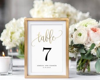 Table Number Card Editable Template - Printable Table Number Cards - Instant Download Lovely Calligraphy #LCC Faux Gold Foil