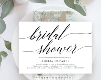 Elegant Script Bridal Shower Invitation Template (Canva Editable, Printable)