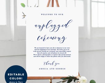 Editable Color 3 Sizes Unplugged Ceremony Wedding Sign - Editable PDF Template Instant Download - Timeless Script #TSC