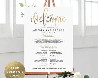 Faux Gold Foil Wedding Program Sign Poster - Modern Wedding Welcome Sign - Editable PDF Template Instant Download - Lovely Calligraphy #LCC