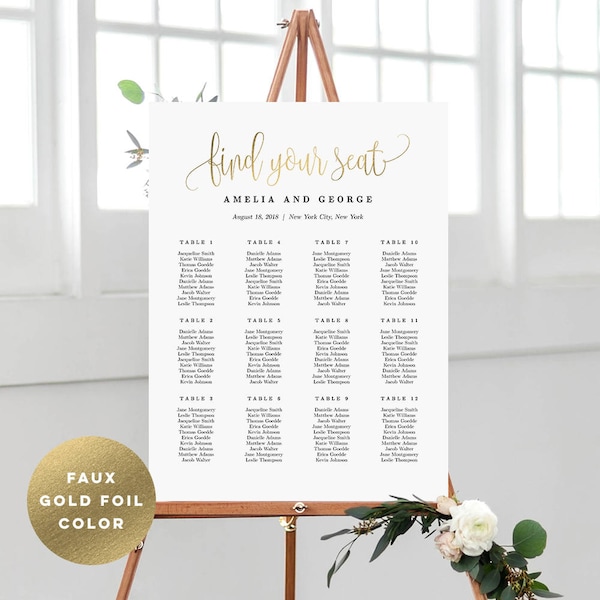 Wedding Seating Chart Template Faux Gold Foil, Editable in Canva - Banquet Seating Version Included - Lovely Calligraphy #LCG