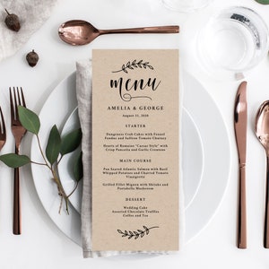 Plantilla Canva para menú de bodas con elegancia rústica: tarjetas de menú de bodas imprimibles: colores y diseños personalizables: descarga instantánea - #REC