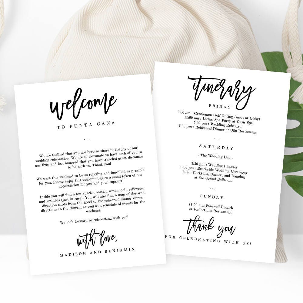 Wedding Welcome Thank You Letter and Wedding Itinerary DIY 