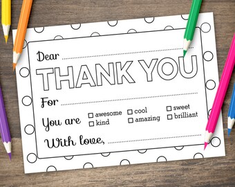 Kid Coloring Thank You Card Printable Instant Download - BUBBLY