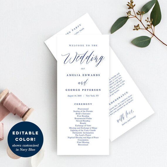 Editable Color Wedding Program Template Printable Wedding Etsy