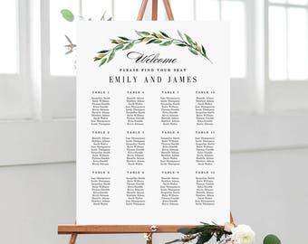 7 Sizes Wedding Seating Chart Template, Editable Wedding Table Seating Chart Poster Sign - PDF Instant Download - Green Foliage #GFC