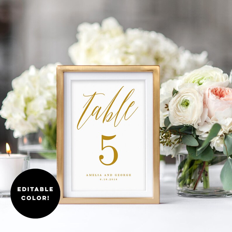 Editable Color Table Number Card, MODERN SCRIPT Printable Wedding Table Number Template Instant Download MSC image 1