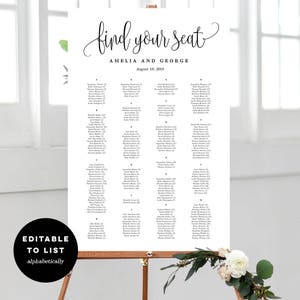 May include: A white wedding seating chart with black text. The chart is titled "Find Your Seat" with the names Amelia and George and the date August 18, 2018. The chart lists guest names and table numbers.