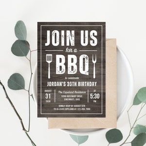 Printable Rustic BBQ Party Invitation - Barbecue Cookout Backyard Party Invitation Canva Template - Birthday, Housewarming, Graduation #BBQ