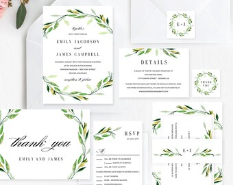 Green Foliage Wedding Suite Editable Template - Printable Wedding Invitation Set - Instant Download #GFC