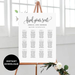 May include: A printable wedding seating chart with the text "find your seat" in cursive script. The chart is titled "Amelia and George" and lists the names of guests assigned to each table.