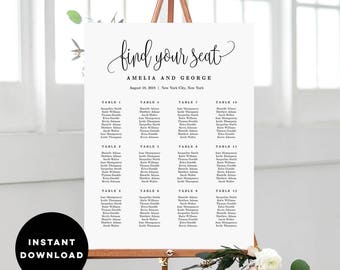 ON SALE - 7 Sizes Wedding Seating Chart Template, Editable Wedding Table Seating Plan Sign Instant Download Lovely Calligraphy #LCC