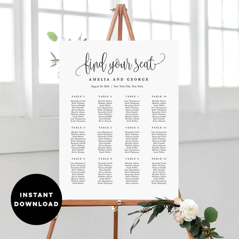 May include: A printable wedding seating chart with the text "find your seat" in cursive script. The chart is titled "Amelia and George" and lists the names of guests assigned to each table.
