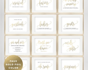 BUNDLE DEAL! Wedding Sign Templates Set - Printable Wedding Signs Includes 2 Sizes 5x7 and 8x10 - Lovely Calligraphy #LCC Faux Gold Foil