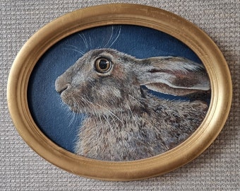 Animal Portrait Brown Hare Original Oval Painting Framed Gift for Mom Handmade Rabbit for Parents Home Wall Art Easter For Her Interior