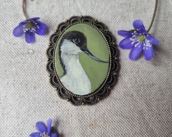 Bird Portrait Miniature Avocet Original Vintage style Framed Oil Painting Gift For Her Handmade Painted Brooch Magnet Pendant Art Dollhouse