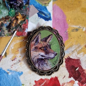 Pequeño retrato de zorro original en miniatura, pintura al óleo de estilo vintage enmarcada para casa de muñecas, regalo de Navidad, broche hecho a mano, colgante magnético, bellas artes