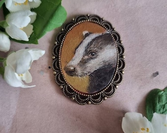 Badger tiny portrait original miniature, framed oil painting, artwork for dollhouse, collectible small painting, hand painted, wildlife art