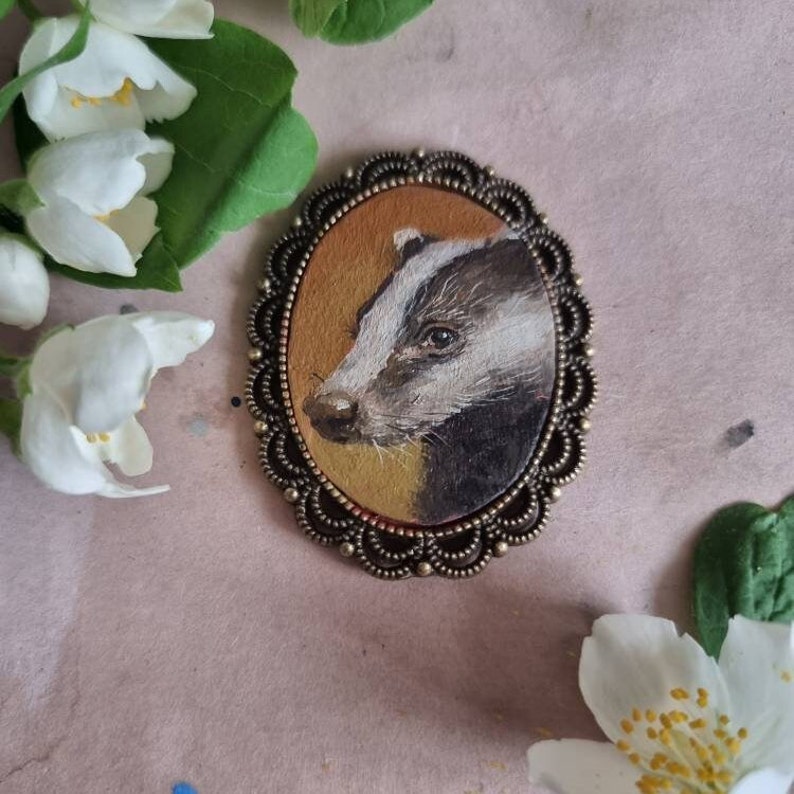 Badger tiny portrait original miniature, framed oil painting, artwork for dollhouse, collectible small painting, hand painted, wildlife art image 1