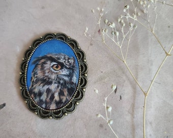 Miniature Bird Oil Painting Eurasian Eagle Owl tiny portrait original in Vintage style frame Dollhouse Gift Handmade Brooch Magnet Pendant