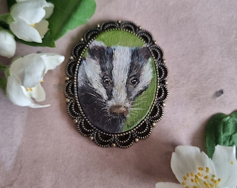 Animal Miniature Badger Tiny Portrait Original vintage style frame oil painting artwork for dollhouse small hand painted wildlife art brooch