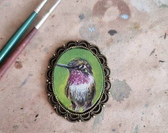 Hummingbird miniature portrait original miniature framed oil painting, dollhouse, Christmas Gift, handpainted Brooch/Magnet/Pendant/Painting