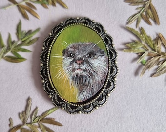Otter Tiny Portrait Original Miniature in Metal Frame Oil Painting Dollhouse for Friend Gift Handmade Brooch Magnet Pendant Animal Wall Art