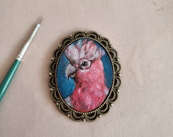 Galah tiny portrait original miniature, framed oil painting, Christmas Gift/Decoration, hand painted Parrot Brooch/Magnet/Pendant/Painting