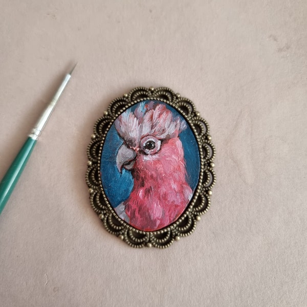 Galah tiny portrait original miniature, framed oil painting, Christmas Gift/Decoration, hand painted Parrot Brooch/Magnet/Pendant/Painting