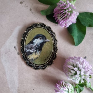 Ritratto originale di uccello 1,6x1,18" Parus miniatura minuscola con cornice dipinto a olio vintage regalo di Natale spilla fatta a mano portachiavi ciondolo magnete