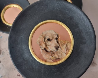 Round Oil color Portrait on copper with gilded 24karat gold leafs wood frame. Custom Pet Portrait Painting. Personalized Gift. Original Art