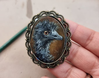 Emu Tiny Portrait Original Bird Miniature Framed Oil Painting For Dollhouse Wall Art Gift Handpainted Brooch Handmade Magnet Vintage Pendant