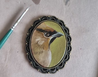 Bird Portrait Miniature Bohemian Waxwing Original Vintage style Framed Oil Painting Gift For Her Handmade Painted Brooch Magnet Pendant Art