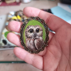 Owl tiny portrait original miniature,framed oil painting, for dollhouse, Mom/Friend vintage Gift,hand-painted Brooch/Magnet/Pendant/Painting image 2