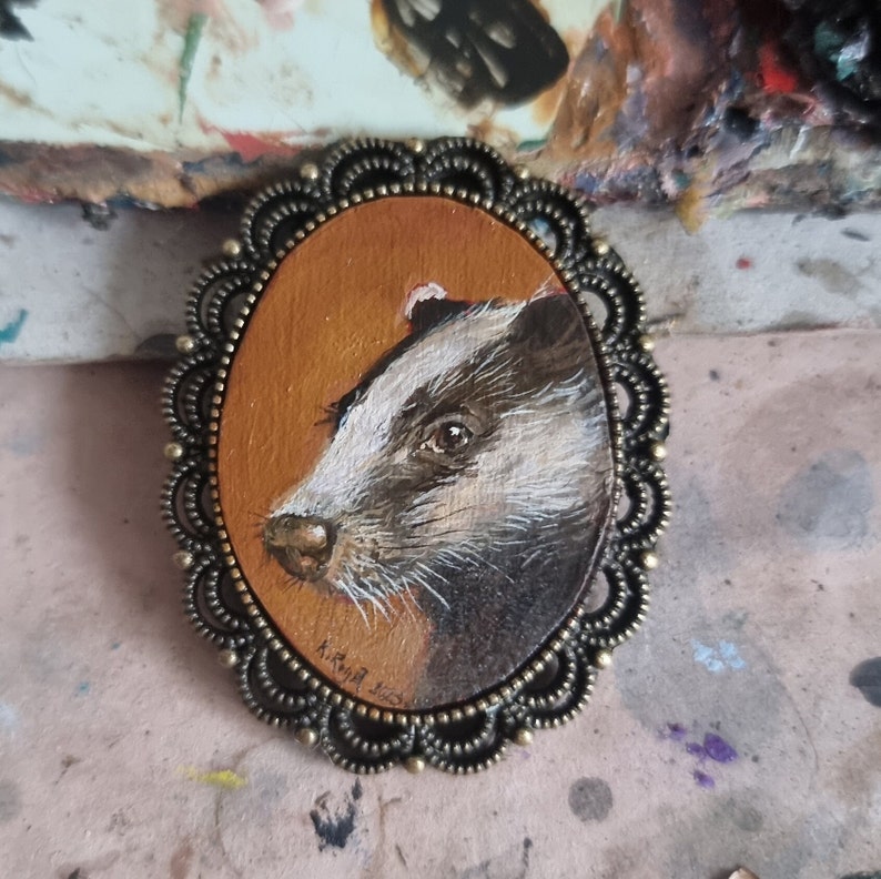 Badger tiny portrait original miniature, framed oil painting, artwork for dollhouse, collectible small painting, hand painted, wildlife art image 4