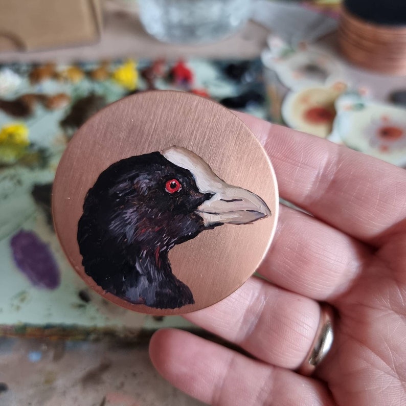 Bird Coot Portrait Original miniature on copper Round painting with gilded ash frame, Hand Painted bird for Parents Home Gifts, Wall Decor image 3