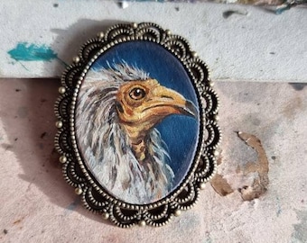 Miniature Bird Portrait Dollhouse Art Original Egyptian Vulture Framed Oil Painting Handmade Christmas Gift Handmade Brooch Magnet Pendant