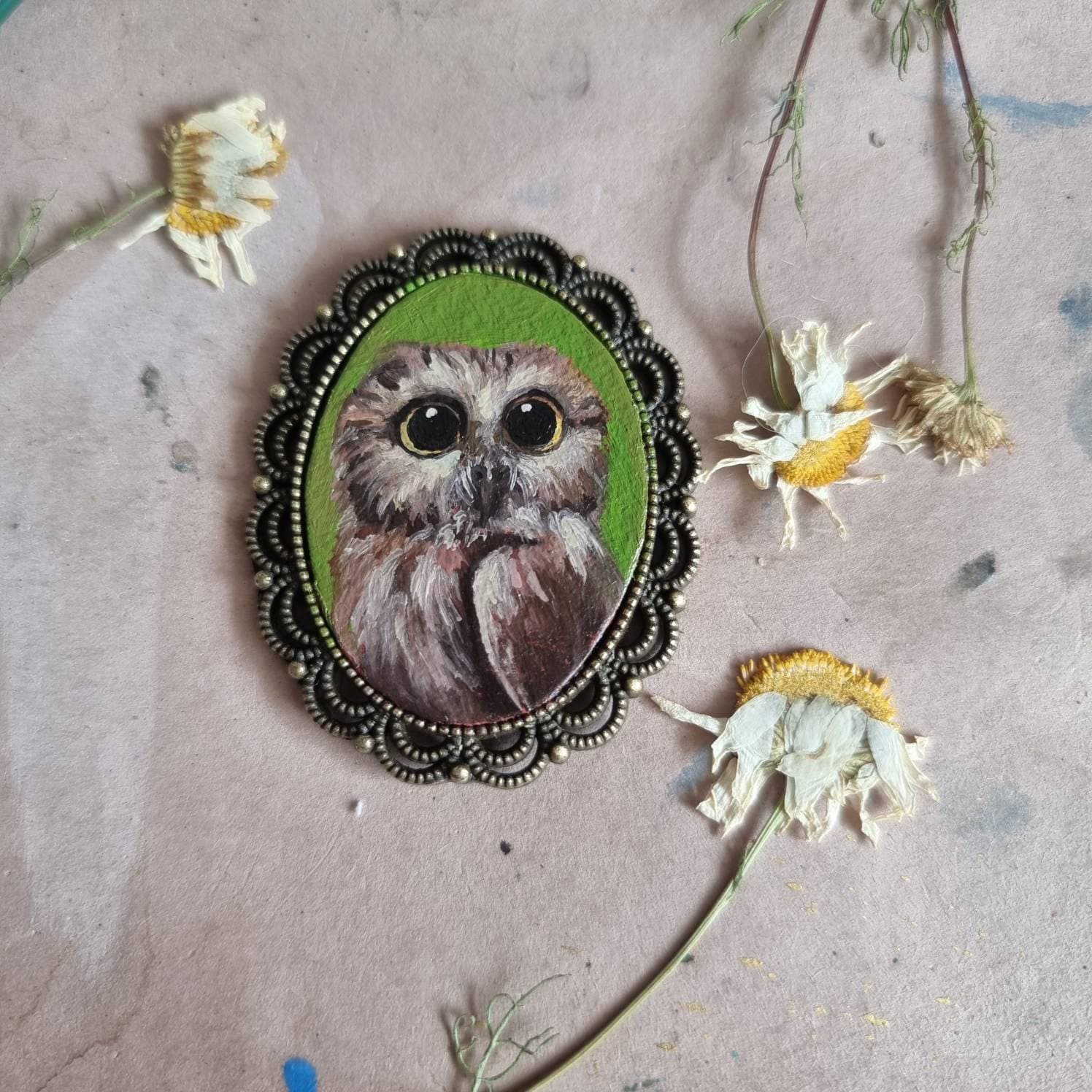 Owl Tiny Portrait Original Miniature in Metal Vintage style Frame Bird Oil Painting for Friend Gift