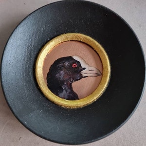 Bird Coot Portrait Original miniature on copper Round painting with gilded ash frame, Hand Painted bird for Parents Home Gifts, Wall Decor With frame 10cm/3.93 inches