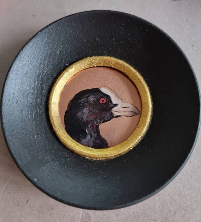 Bird Coot Portrait Original miniature on copper Round painting with gilded ash frame, Hand Painted bird for Parents Home Gifts, Wall Decor With frame 10cm/3.93 inches