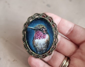 Miniature Bird Portrait 1.6x1.18" Hummingbird Original Vintage style Framed Oil Painting Gift For Her Handmade Brooch Magnet Pendant WallArt