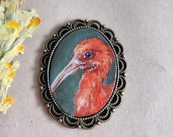 Scarlet Ibis tiny portrait original miniature, framed oil painting, Christmas Gift/Decoration, hand painted Brooch/Magnet/Pendant/Painting
