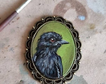 Black drongo miniature portrait original miniature framed oil painting, Christmas Gift/Decor, handpainted Brooch/Magnet/Pendant/Painting