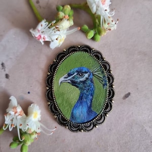 Pavão minúsculo retrato em miniatura original, pintura a óleo emoldurada, para casa de bonecas, presente de Natal/decoração, broche/ímã/pingente/pintura pintados à mão