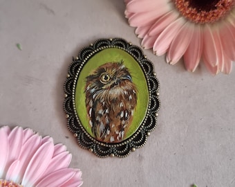 Rufous Potoo tiny portrait original miniature,framed oil bird painting,Christmas Gift/Decoration,hand painted Brooch/Magnet/Pendant/Painting