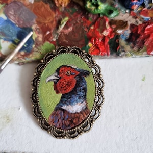 Pequeño retrato de faisán de collar (4 x 3 cm), pintura al óleo original en miniatura enmarcada, regalo de Navidad, broche hecho a mano, llavero con colgante magnético.