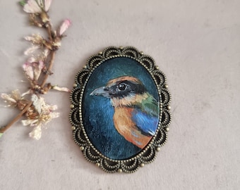 Bird Portrait Miniature Blue Winged Pitta Original Vintage style Framed Oil Painting Gift For Her Handmade Painted Brooch Magnet Pendant Art