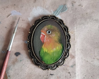 Lovebird miniature portrait original miniature framed oil painting, Christmas Gift/Decor, handpainted Brooch/Magnet/Pendant/Painting