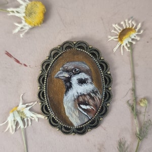 Gorrión pequeño retrato original en miniatura estilo vintage marco pintura al óleo para casa de muñecas regalo de Navidad hecho a mano broche imán colgante pin